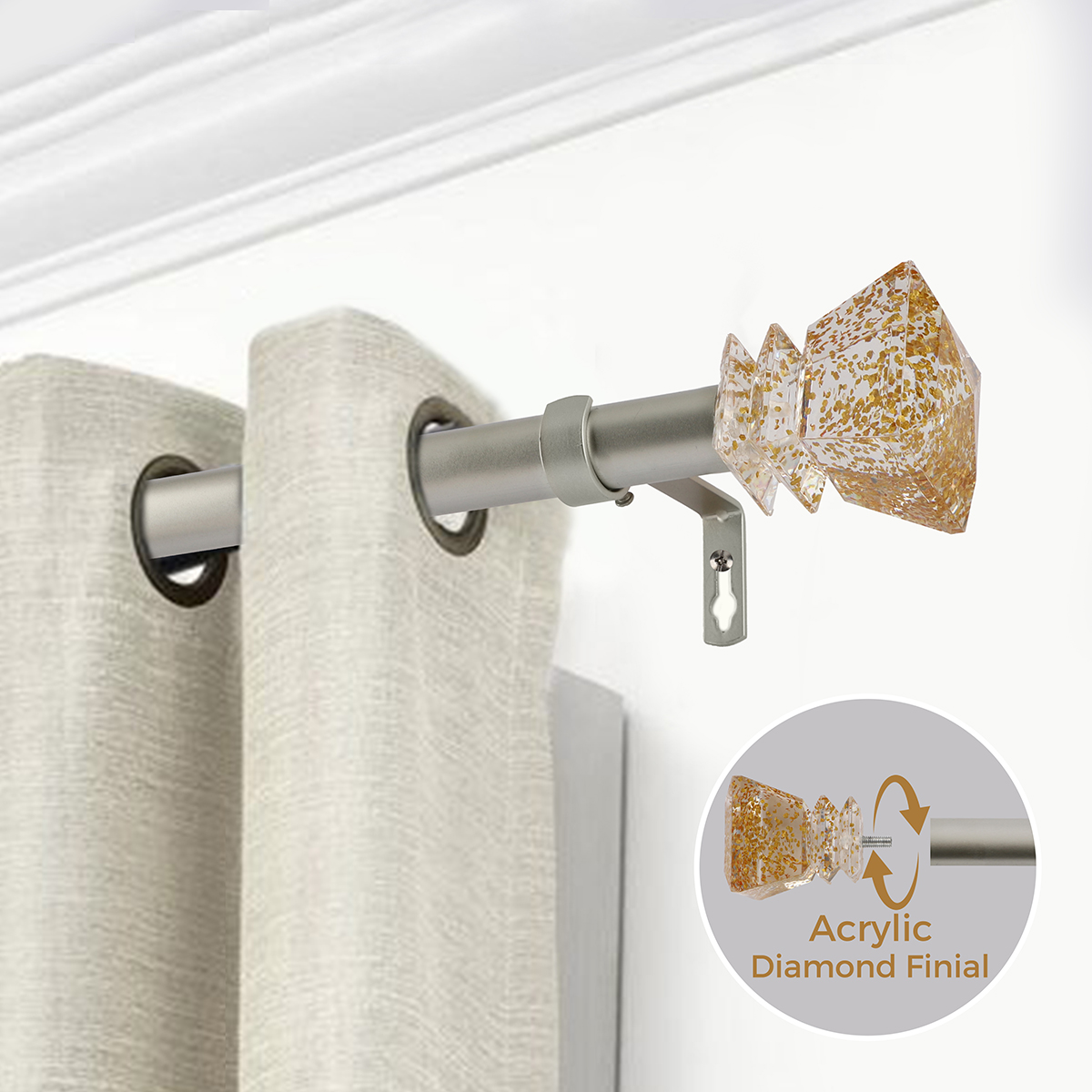 Extendable Curtain Rod Pole Set Curtains Rod Window Decorative Drapery Rod with Translucent Diamond Finial Luxury Gold