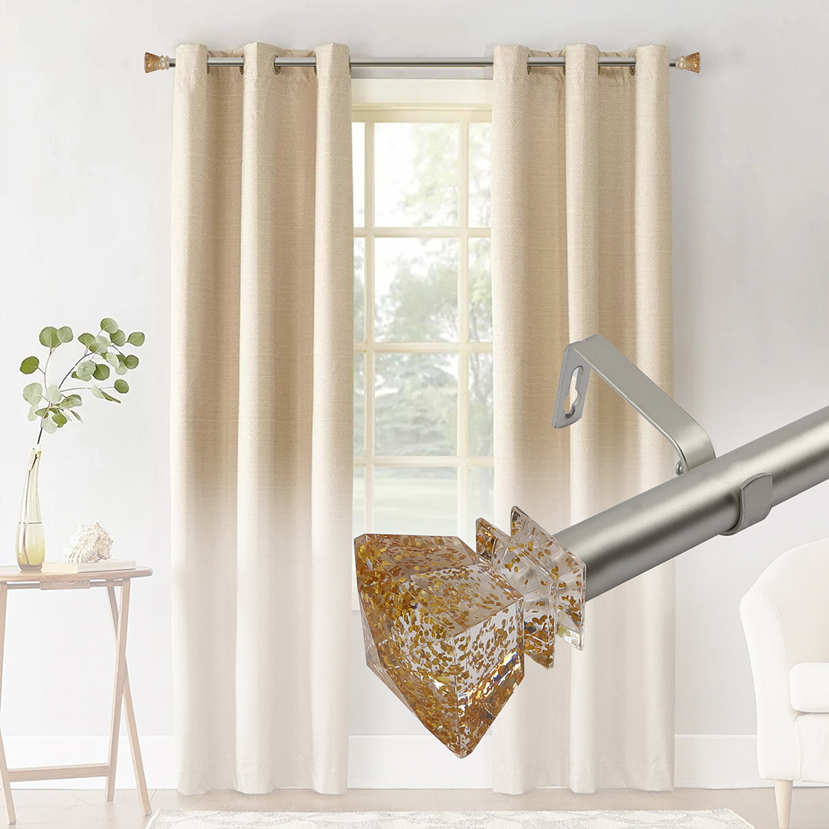 Extendable Curtain Rod Pole Set Curtains Rod Window Decorative Drapery Rod with Translucent Diamond Finial Luxury Gold