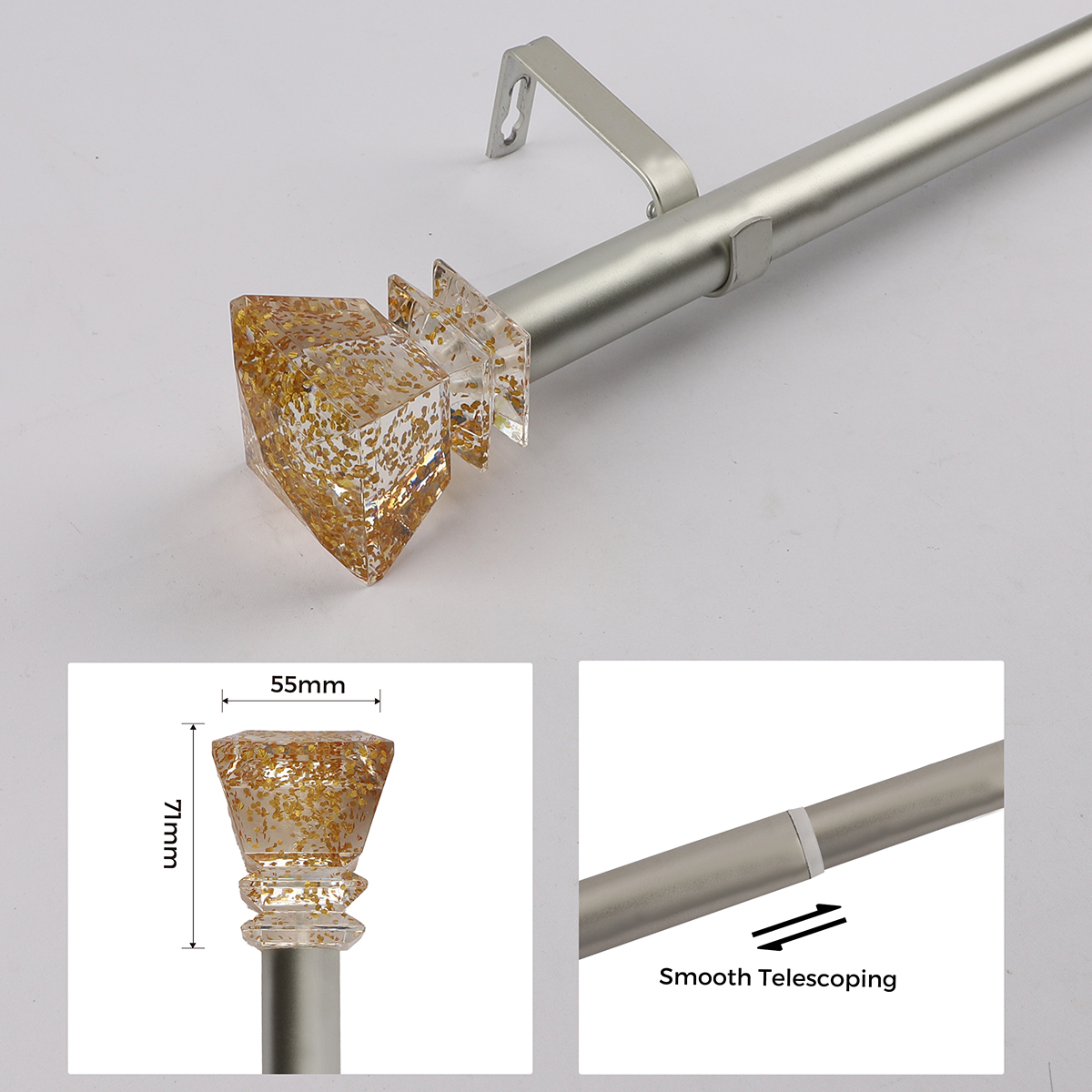 Extendable Curtain Rod Pole Set Curtains Rod Window Decorative Drapery Rod with Translucent Diamond Finial Luxury Gold