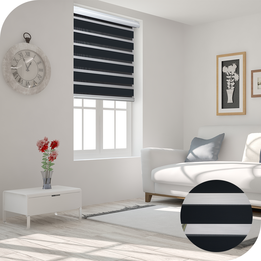 Double-Layer Smart Zebra Shades Day and Night Window Blinds with Manual or Electric Motor Blackout Polyester Roller Blinds