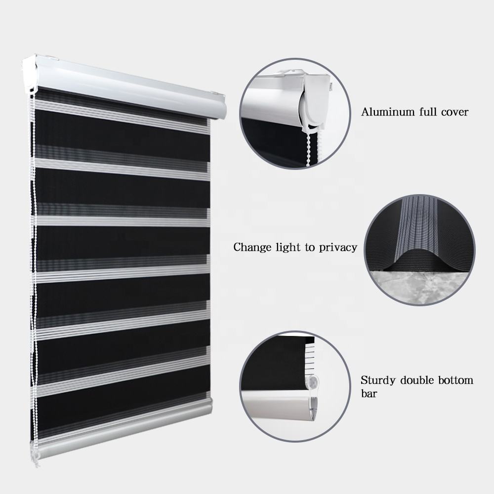 Double-Layer Smart Zebra Shades Day and Night Window Blinds with Manual or Electric Motor Blackout Polyester Roller Blinds