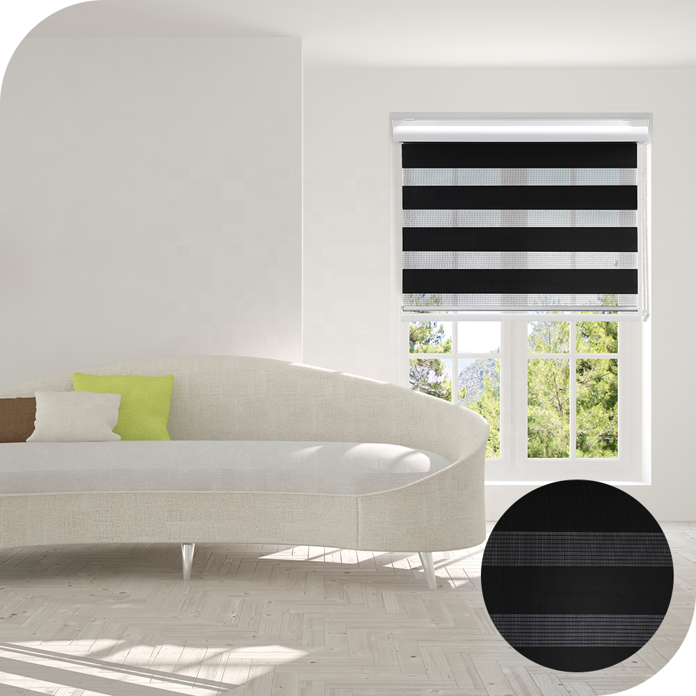 Double-Layer Smart Zebra Shades Day and Night Window Blinds with Manual or Electric Motor Blackout Polyester Roller Blinds