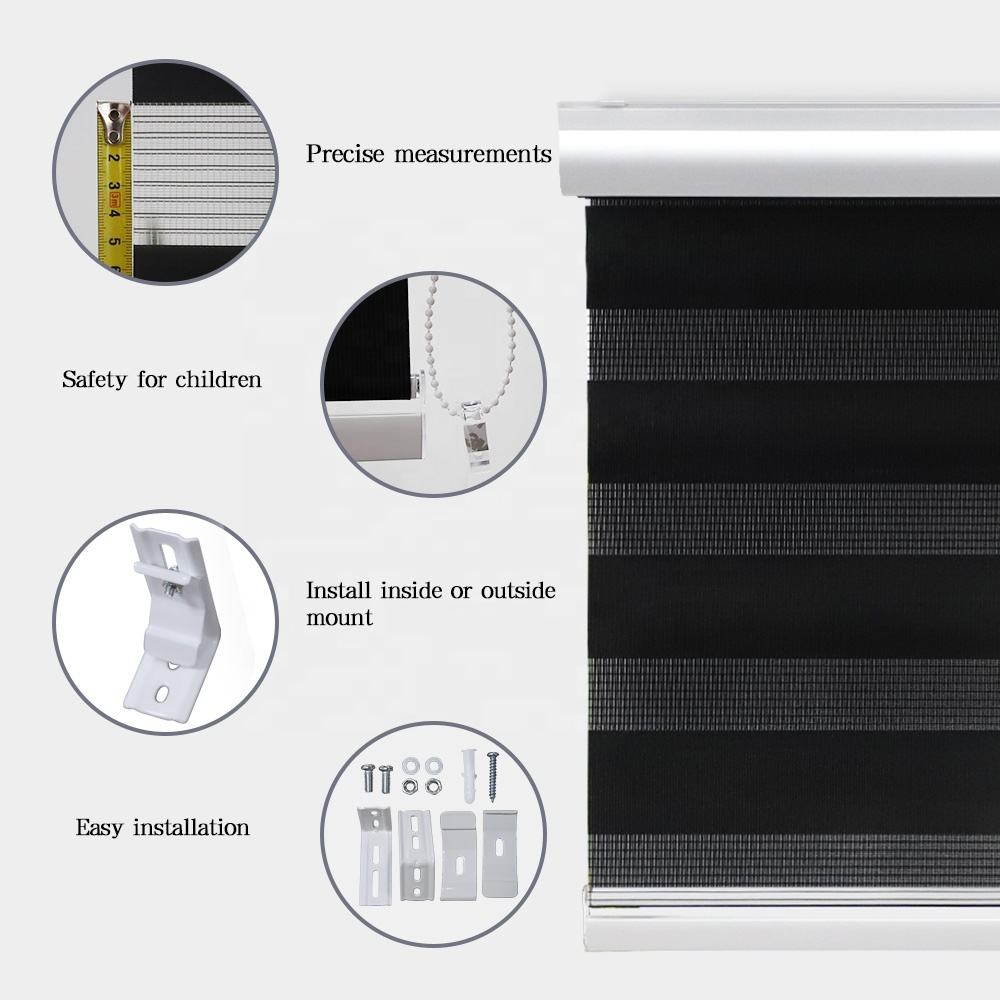 Double-Layer Smart Zebra Shades Day and Night Window Blinds with Manual or Electric Motor Blackout Polyester Roller Blinds