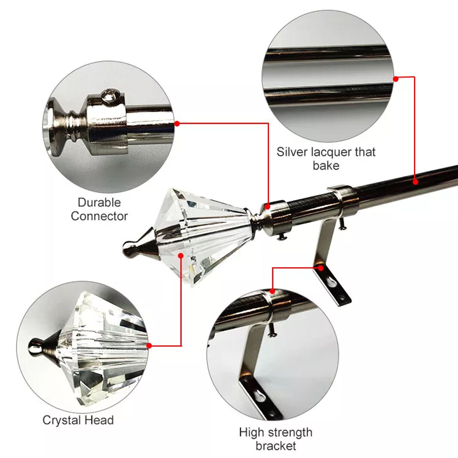 Wholesale Luxury Factory Curtain Rods and Rails Accessories Adjustable Crystal Head End Tringle Double Curtain Rod Sets