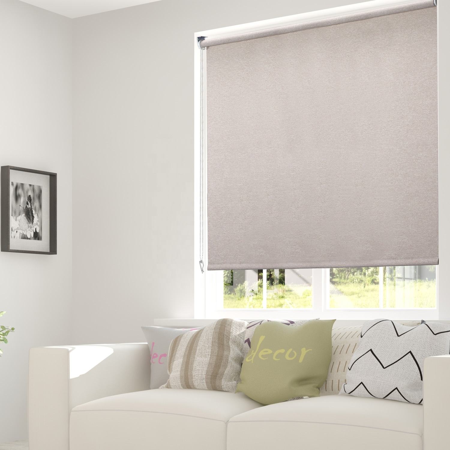 Classic Style Manual Roller Blinds with Translucent Nap Fabric Chain Built-in Installation for Windows Free Sample Available