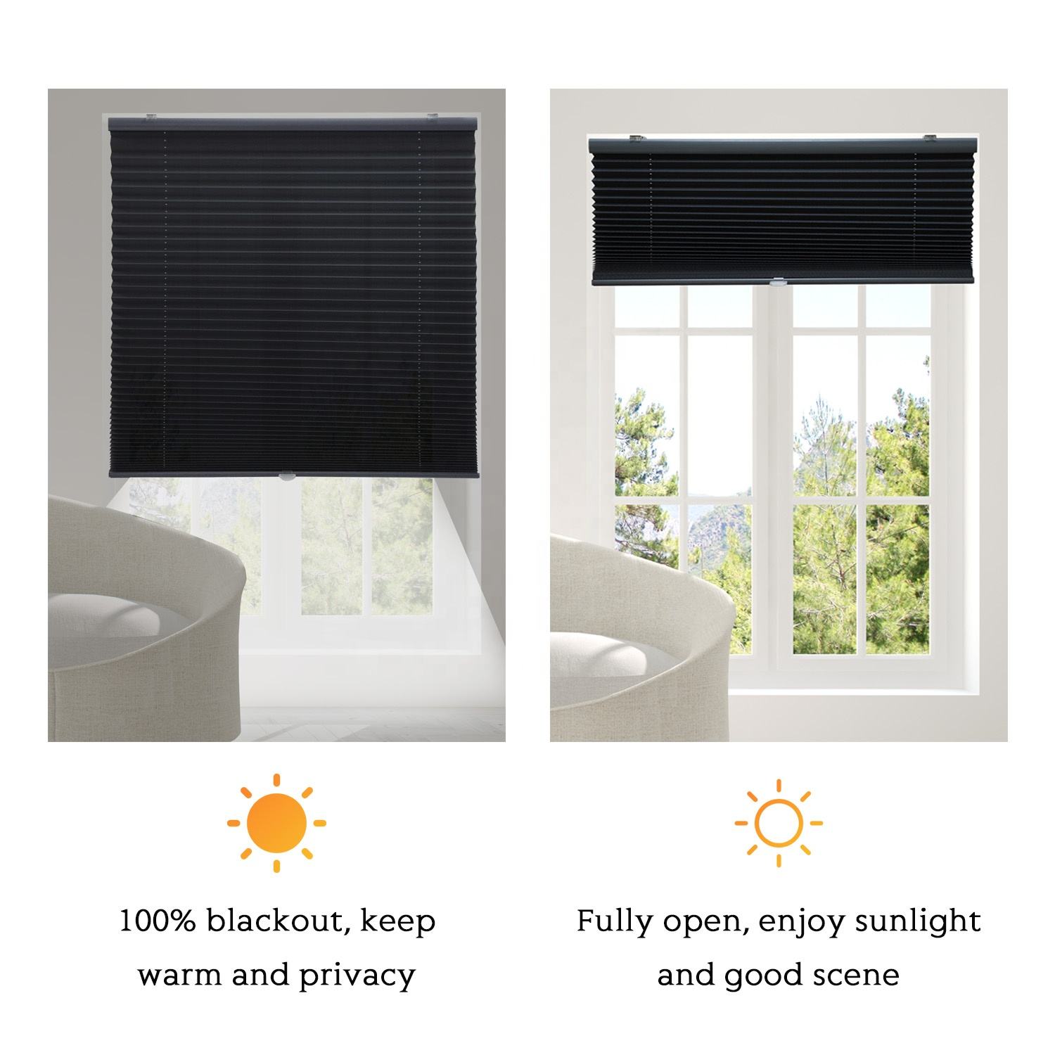 Modern Style Cordless Pleated Polyester Blinds Safe for Children Pets Built-In Installation Horizontal Pattern Skylight Office