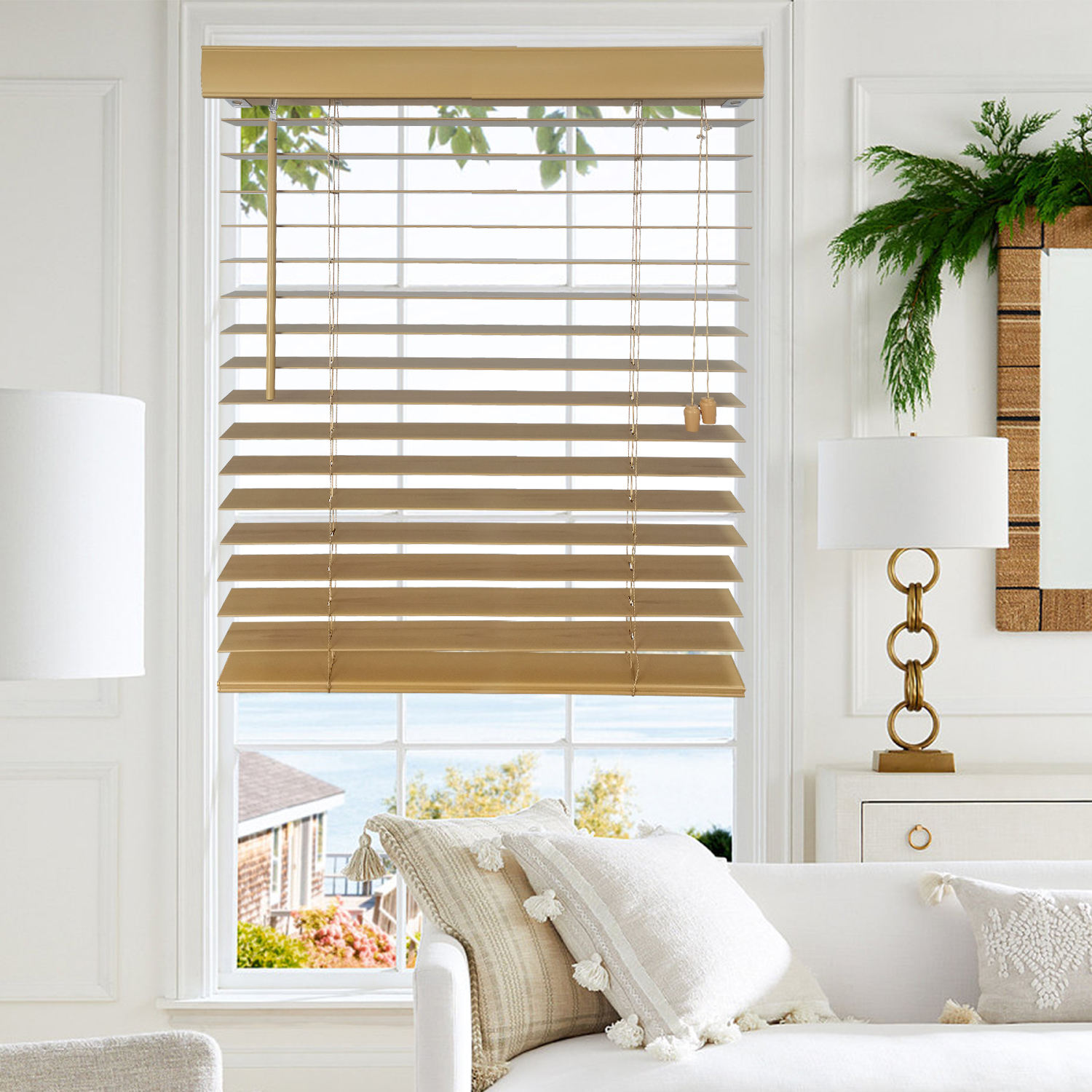 Factory 50mm Cordless Faux Pleated Blinds PVC Wood Venetian Window Coverings with Fabric Material