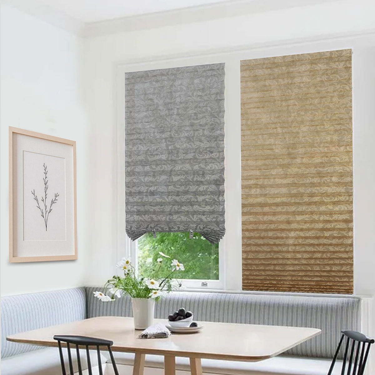 Custom Grey Brown Printed Pattern Half-shade Pleated Curtain Perfect Fit Temporary Self-adhesive Blinds