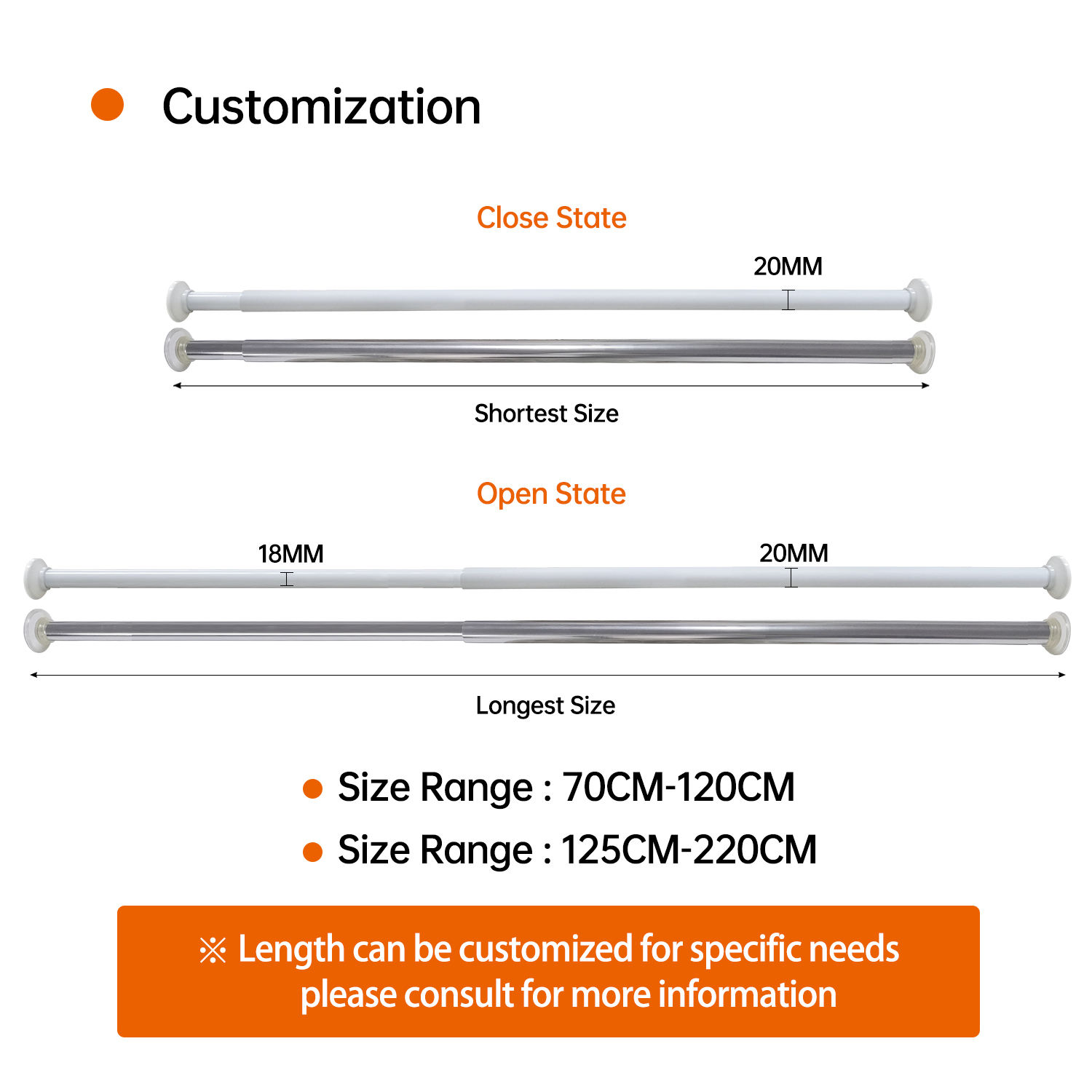 Hot Sale Luxury Spring Loaded Long Curtain Rods Easyfix Tension High Quality Shower Curtain Rod Adjustable for Bathroom