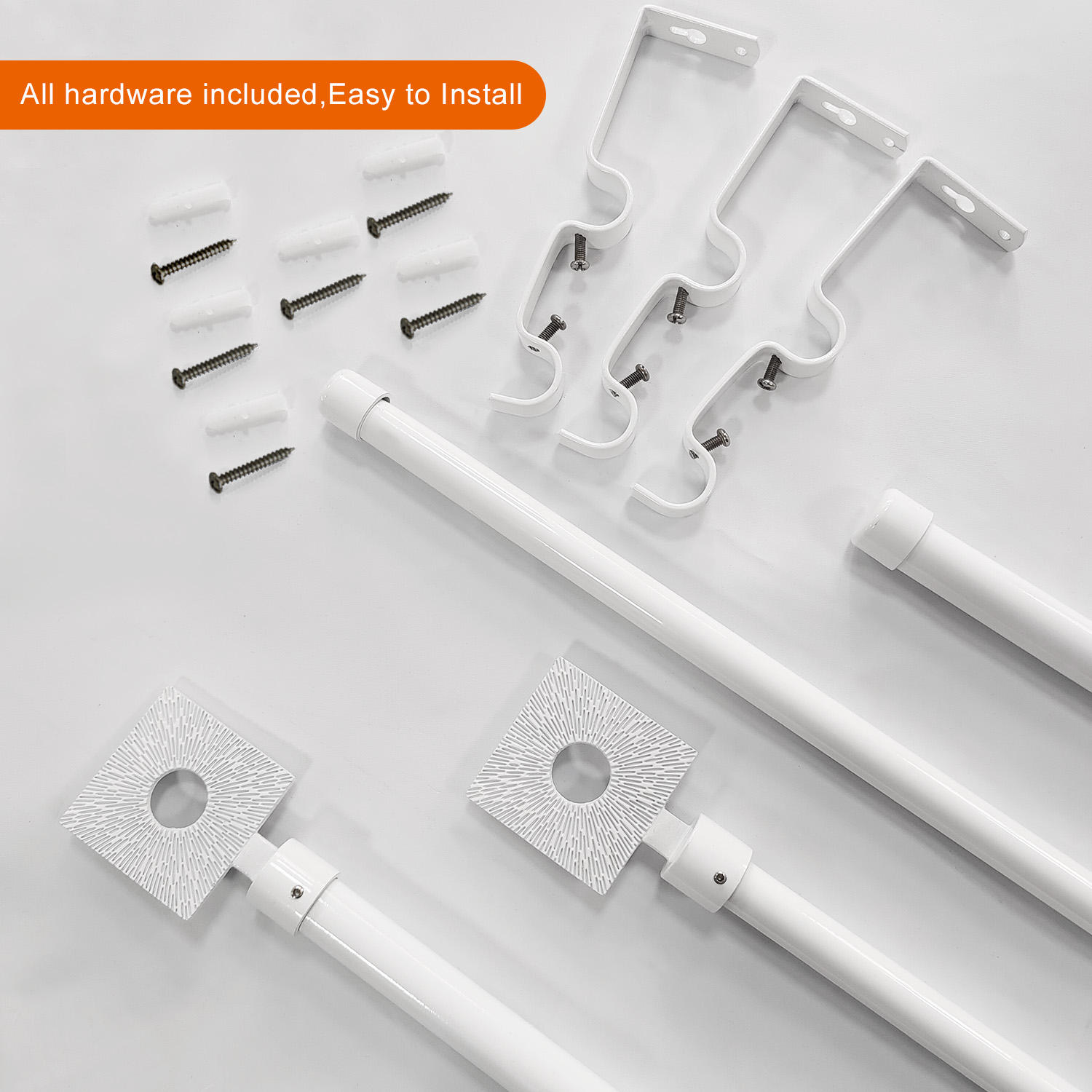 Modern White Powder Coated Double Metal Curtain Rod Set Extendable with Pole Accessories for Home Decor