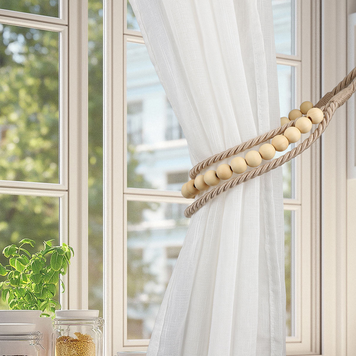 Multi-layer Boho Decor Accessories Farmhouse Rustic Wood Bead Garland Curtain Tiebacks Natural Wooden Tie Backs