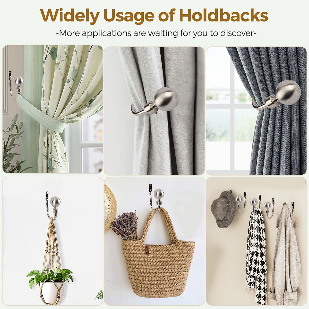 Decor Window Curtain Hold Backs Single Silver Tiebacks Metal Drapery Hooks Heavy Duty Eco-friendly Modern Design Curtain Holder