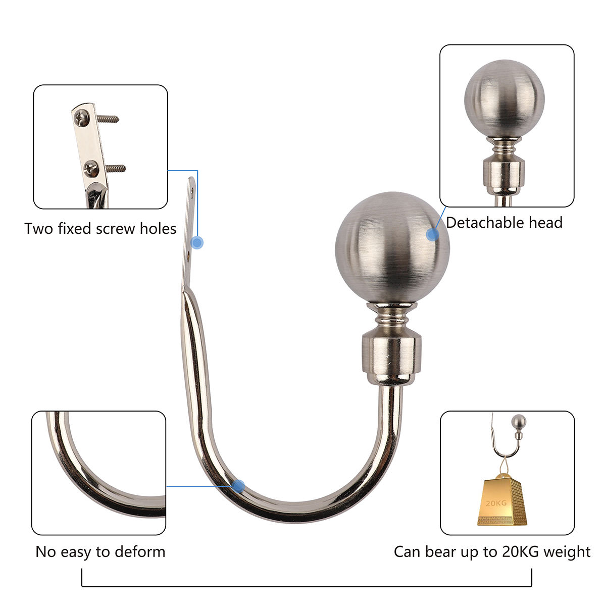 Decor Window Curtain Hold Backs Single Silver Tiebacks Metal Drapery Hooks Heavy Duty Eco-friendly Modern Design Curtain Holder