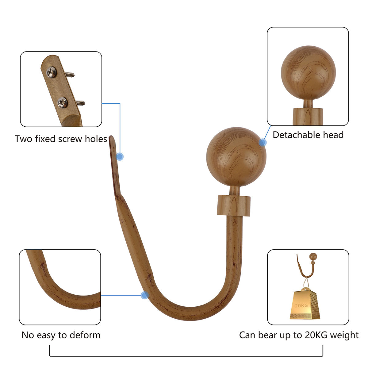 Modern Wood Grain Metal Curtain Holdback Wall Mount Tiebacks 2Pcs Hooks Eco-friendly Curtain Accessories