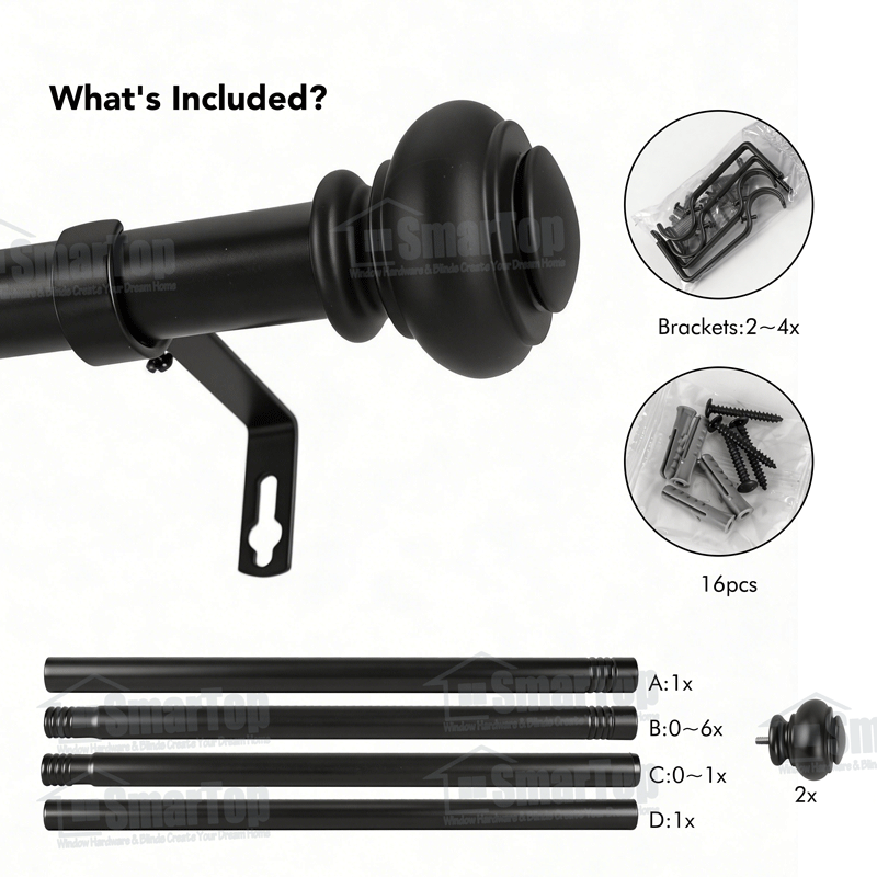 Black Extendable Curtain Rod Bedroom Aluminum Alloy Finials Metal Accessories Wholesale Manufacturer Curtain Rod and Finials