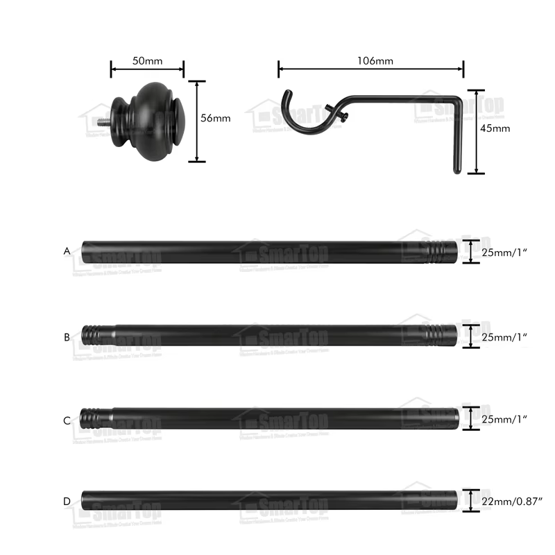 Black Extendable Curtain Rod Bedroom Aluminum Alloy Finials Metal Accessories Wholesale Manufacturer Curtain Rod and Finials