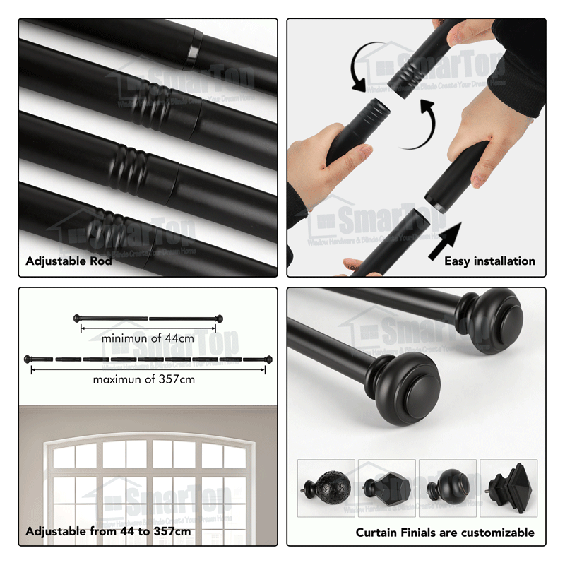 Black Extendable Curtain Rod Bedroom Aluminum Alloy Finials Metal Accessories Wholesale Manufacturer Curtain Rod and Finials