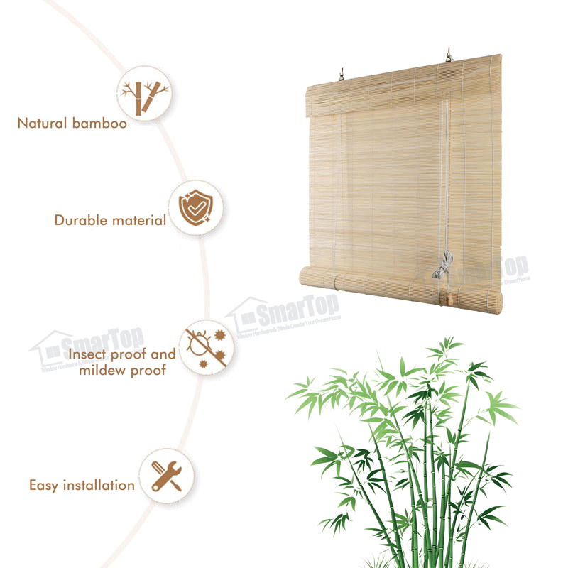 Privacy Shade Blackout Automatic Factory Direct Natural Roll up Cordless Bamboo Roller Blinds for Bedroom Sliding Windows