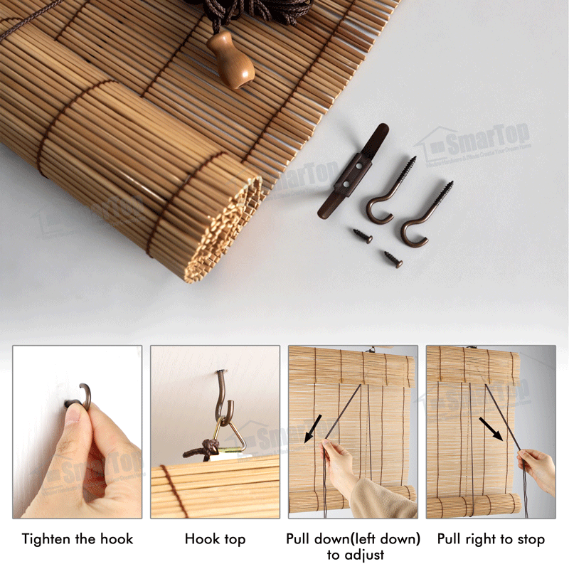 Privacy Shade Blackout Automatic Factory Direct Natural Roll up Cordless Bamboo Roller Blinds for Bedroom Sliding Windows