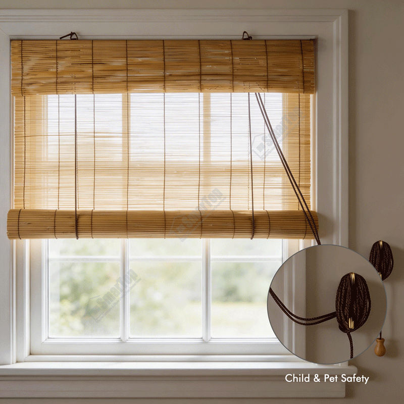 Privacy Shade Blackout Automatic Factory Direct Natural Roll up Cordless Bamboo Roller Blinds for Bedroom Sliding Windows