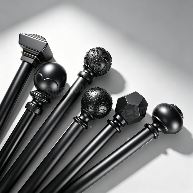 Matte Black Curtain Rod Set Modern Metal Drapery Pole for Windows, Decorative Black Hardware for Home Office, Wholesale Supplier