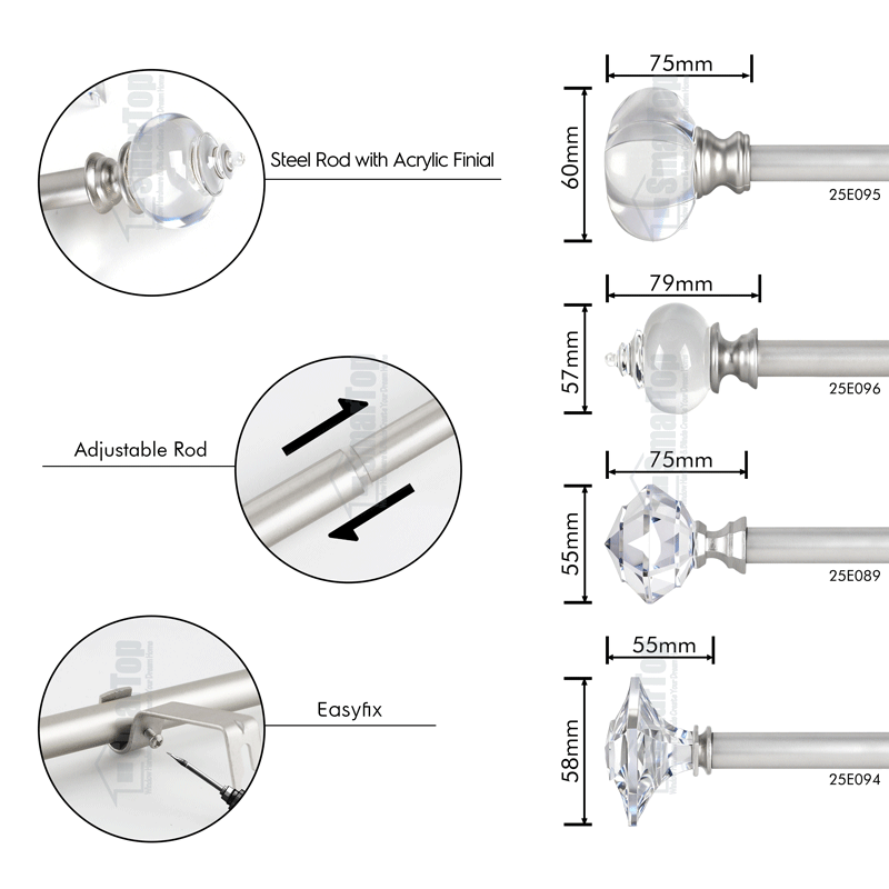 SMARTOP Luxury High Quality Aluminum Alloy Metal Curtain Rod Sets Extendable Pipes Acrylic Finials Eco-friendly Modern Design